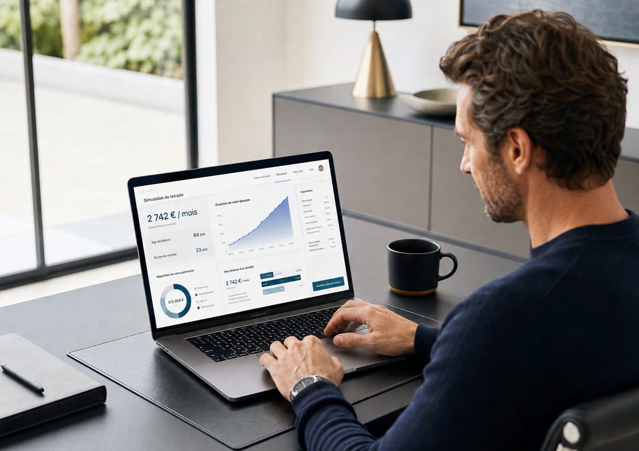 Homme consultant une simulation de retraite sur son ordinateur portable